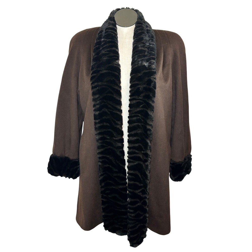 Coldwater Creek Womens Wool Blend Faux Fur Trim Open Front Coat Brown Size 8